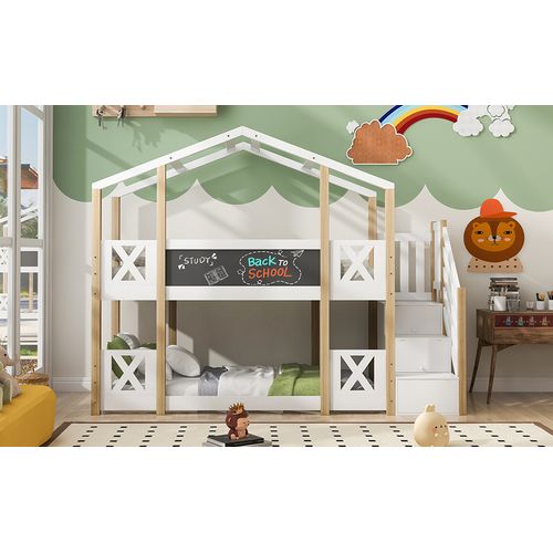 Lit Superposé Cabane 90x200cm Avec Escalier De Rangement Et Sommiers, Bois, Naturel Et Blanc