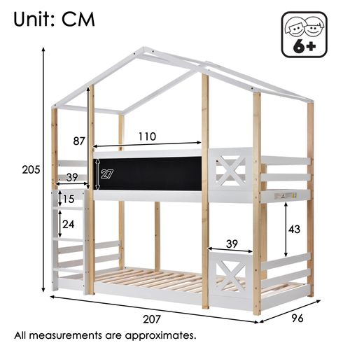 Lit Superposé Cabane 90x200cm Avec Sommiers à Lattes, Bois, Naturel Et Blanc