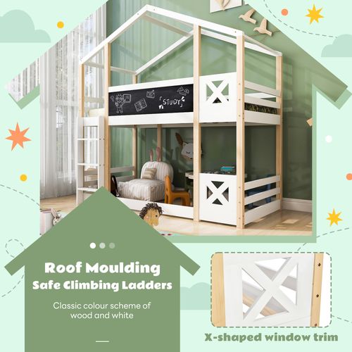 Lit Superposé Cabane 90x200cm Avec Sommiers à Lattes, Bois, Naturel Et Blanc