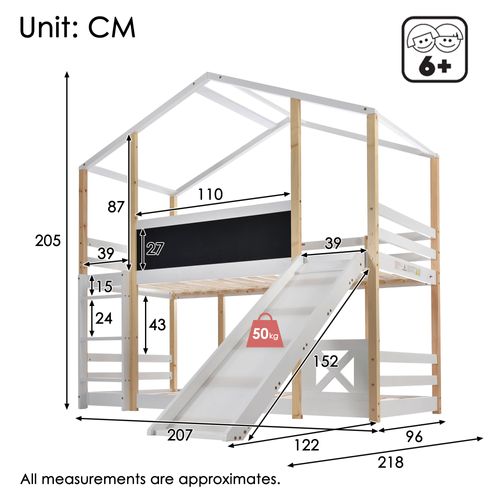 Lit Superposé Enfant 90x200cm Avec Toboggan Et Échelle, En Bois, Naturel Et Blanc