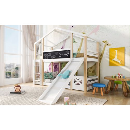 Lit Superposé Enfant 90x200cm Avec Toboggan Et Échelle, En Bois, Naturel Et Blanc