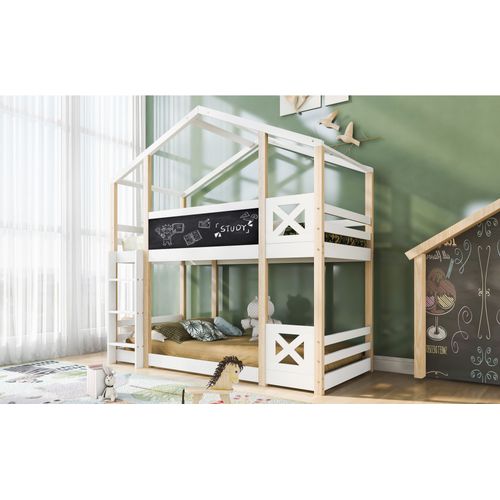 Lit Superposé Enfant 90x200cm Avec Toboggan Et Échelle, En Bois, Naturel Et Blanc
