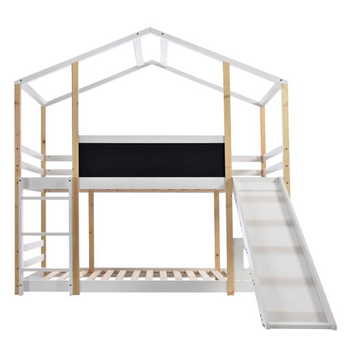 Lit Superposé Enfant 90x200cm Avec Toboggan Et Échelle, En Bois, Naturel Et Blanc
