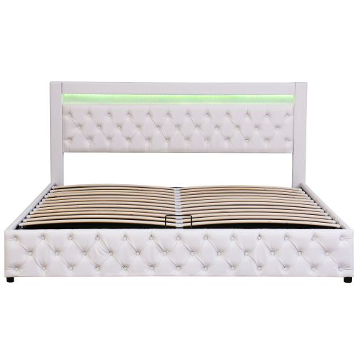 Lit Adulte 2 Places 180 X 200 Cm Lit Coffre Avec Éclairage LED Et Rangement, Pu, Blanc