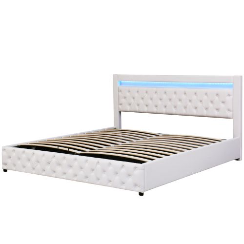 Lit Adulte 2 Places 180 X 200 Cm Lit Coffre Avec Éclairage LED Et Rangement, Pu, Blanc