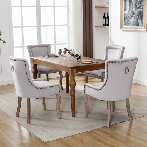 Lot De 4 Chaise De Salle à Manger Rembourrée Gris En Velours Et Pieds En Bois