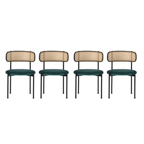 Lot De 4 Chaise Salle Manger Rembourrée Modernes Vert, Velours Et Rotin, Pieds En Métal