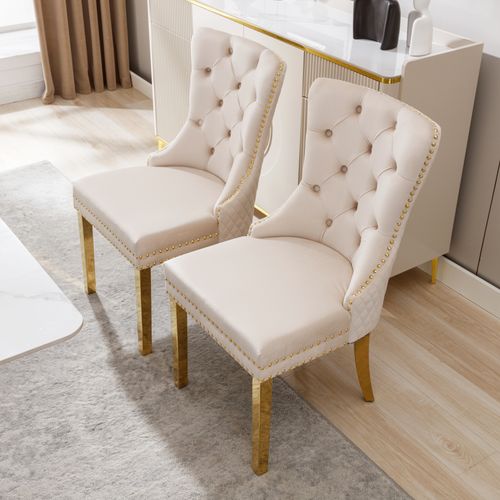 Lot De 2 Chaises De Salle à Manger En Velours, Avec Clous Et Pieds En Acier Doré, Beige