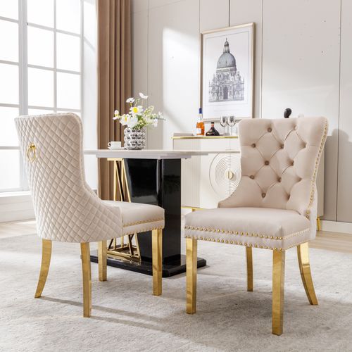 Lot De 2 Chaises De Salle à Manger En Velours, Avec Clous Et Pieds En Acier Doré, Beige