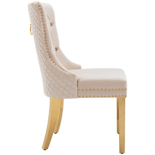 Lot De 2 Chaises De Salle à Manger En Velours, Avec Clous Et Pieds En Acier Doré, Beige