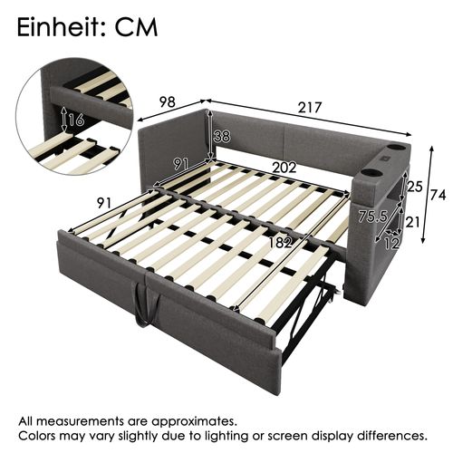 Lit Gigogne Enfant 90x200cm, Lit De Jour Simple Avec Rangement Et USB,type-c, Lin, Gris