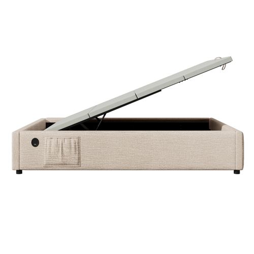 Lit Coffre Enfant 90x190cm, Lit Simple Avec USB,type-c Et Sommier, Lin, Beige Et Naturel