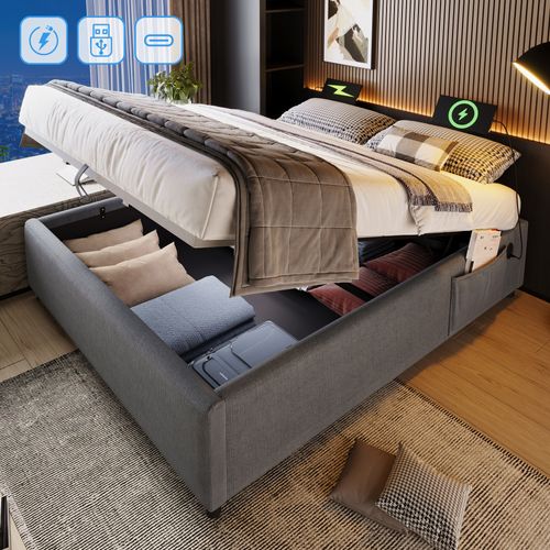 Lit Coffre Adulte 160x200cm, Lit Double Avec USB/type-c Et Sommier, Coton, Gris