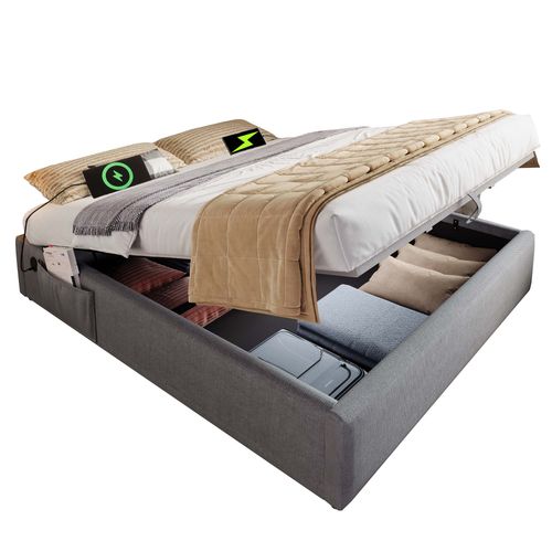 Lit Coffre Adulte 160x200cm, Lit Double Avec USB/type-c Et Sommier, Coton, Gris