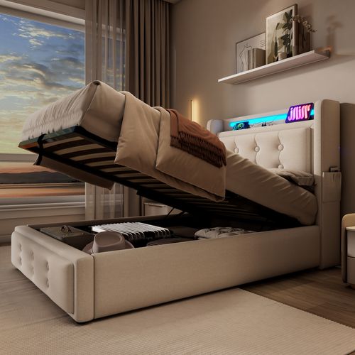 Lit Coffre Enfant 90x200cm, Lit Simple Avec LED, Prises Et USB,type-c, Coton Et Lin, Beige