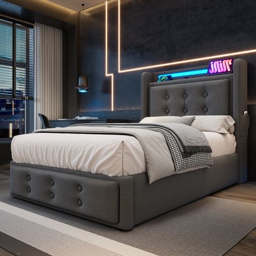 Lit Coffre Enfant 90x200cm, Lit Simple Avec LED, Prises Et USB,type-c, Coton Et Lin, Gris