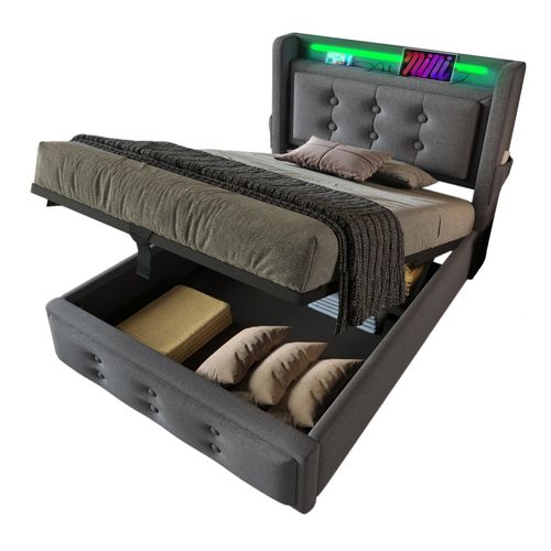 Lit Coffre Enfant 90x200cm, Lit Simple Avec LED, Prises Et USB,type-c, Coton Et Lin, Gris