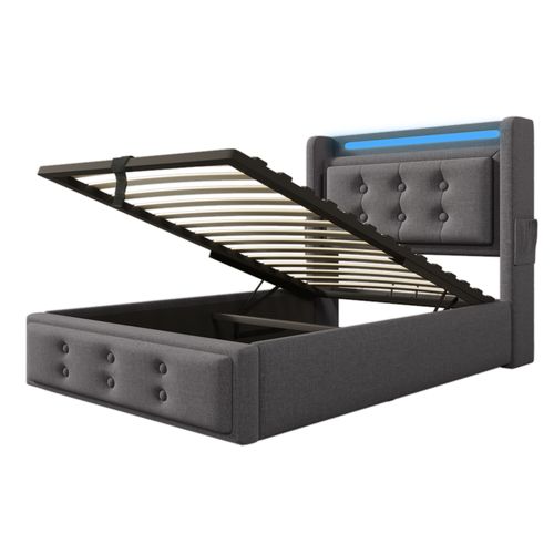 Lit Coffre Enfant 90x200cm, Lit Simple Avec LED, Prises Et USB,type-c, Coton Et Lin, Gris