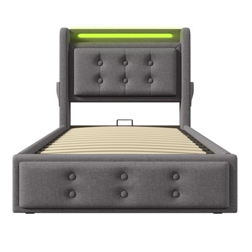 Lit Coffre Enfant 90x200cm, Lit Simple Avec LED, Prises Et USB,type-c, Coton Et Lin, Gris