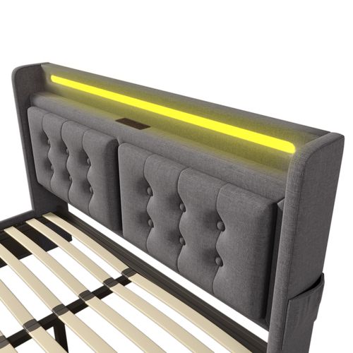 Lit Coffre Adulte 160x200cm, Lit Double Avec LED, Prises Et USB,type-c, Coton Et Lin, Gris
