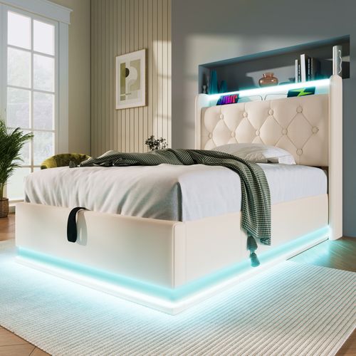 Lit Coffre 90x200cm, Lit Simple Avec LED, USB,type-c Et Sommier, Pu, Blanc