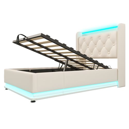 Lit Coffre 90x200cm, Lit Simple Avec LED, USB,type-c Et Sommier, Pu, Blanc