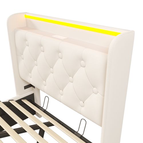 Lit Coffre 90x200cm, Lit Simple Avec LED, USB,type-c Et Sommier, Pu, Blanc