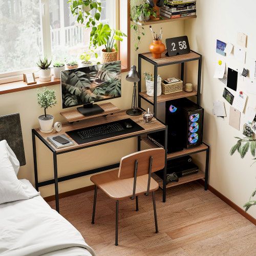 Bureau Droit Avec 4 Étagères, Design Moderne Pour Bureau à Domicile, Marron