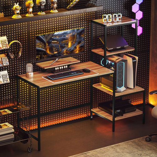 Bureau Droit Avec 4 Étagères, Design Moderne Pour Bureau à Domicile, Marron