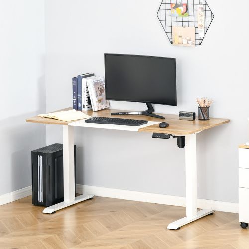 Bureau Droit, Réglable En Hauteur, Électrique, Cadre De Table Avec Moteur, Naturel Et Blanc