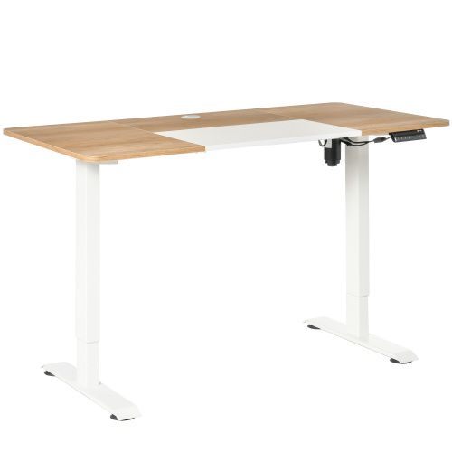Bureau Droit, Réglable En Hauteur, Électrique, Cadre De Table Avec Moteur, Naturel Et Blanc