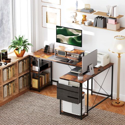 Bureau D'angle Réversible En L Avec Rangements, Sac De Rangement, 168x120 Cm