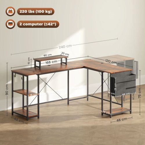 Bureau D'angle Réversible En L Avec Rangements, Sac De Rangement, 168x120 Cm
