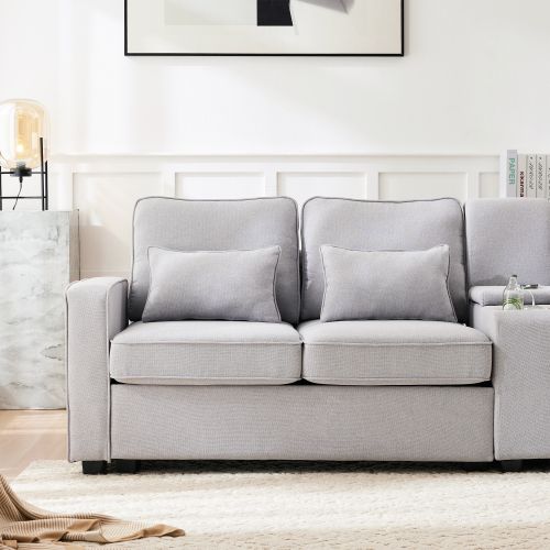 Canapé 4 Places, Canapé Droit Avec Console, 2 Porte-gobelets, 2 USB, Poches D'accoudoir, Gris Clair