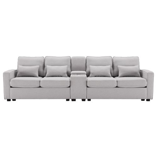 Canapé 4 Places, Canapé Droit Avec Console, 2 Porte-gobelets, 2 USB, Poches D'accoudoir, Gris Clair