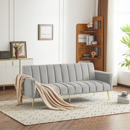 Canapé 2 Places, Canapé Droit Avec Pieds Auxiliaires, Dossier Rabattable, Velours, Gris Clair