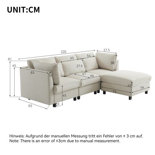 Canapé 3 Places, Canapé D'angle En L Avec Repose-pieds, Tissu En Lin, Beige