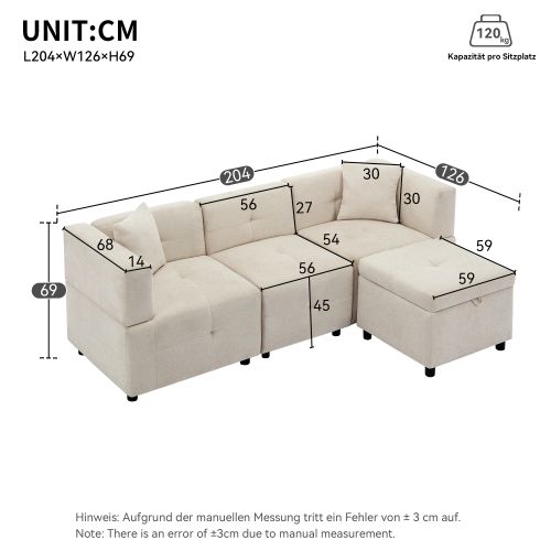 Canapé 3 Places, Canapé D'angle En L Avec Repose-pieds Coffre, 2 Coussins, Tissu Chenille, Beige