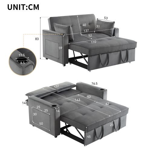 Canapé 2 Places, Canapé Droit Avec Porte-gobelet Et Poche D'accoudoir, 2 Coussins, Velours, Gris