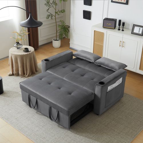 Canapé 2 Places, Canapé Droit Avec Porte-gobelet Et Poche D'accoudoir, 2 Coussins, Velours, Gris