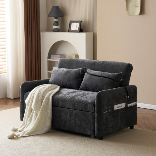 Canapé 2 Places, Canapé Pliant, Avec Support Pour Téléphone, Port USB, Poche Pour Accoudoir, Gris