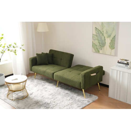 Canapé 2 Places, Canapé Droit Avec Pieds Dorés, 2 Coussins Et Poches D'accoudoirs, Vert