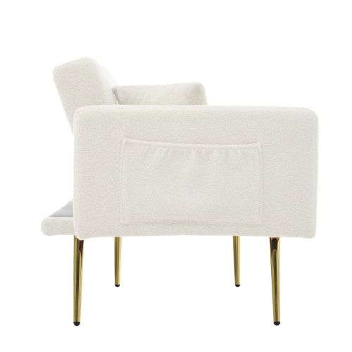 Canapé 2 Places, Canapé Droit Avec Pieds Dorés, 2 Coussins Et Poches D'accoudoirs, Blanc