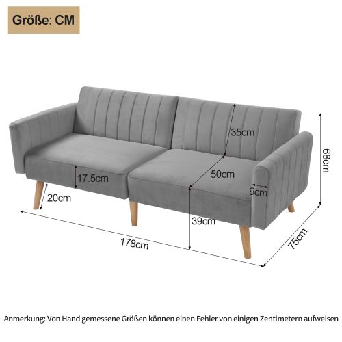Canapé 2 Places, Canapé Droit, Pieds En Chêne, Dossier Rabattable 3 Positions, Velours, Gris Foncé