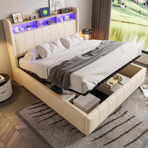 Lit Coffre Adulte 160x200cm, Tête De Lit Avec LED, Port USB Et Sommier, Lin, Beige
