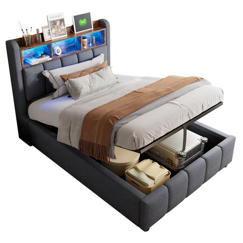 Lit Coffre Enfant 90x200cm, Tête De Lit Avec LED Et Rangement, Port USB Et Sommier, Lin, Gris