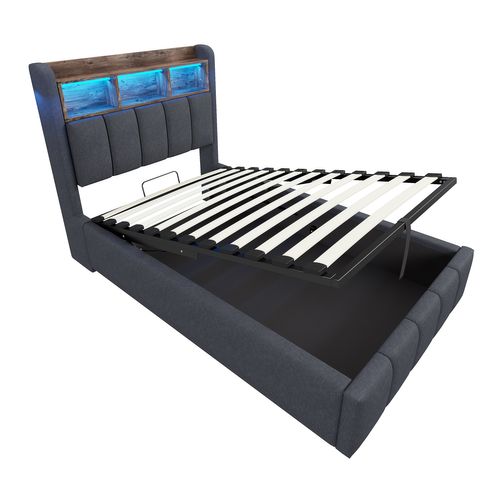 Lit Coffre Enfant 90x200cm, Tête De Lit Avec LED Et Rangement, Port USB Et Sommier, Lin, Gris