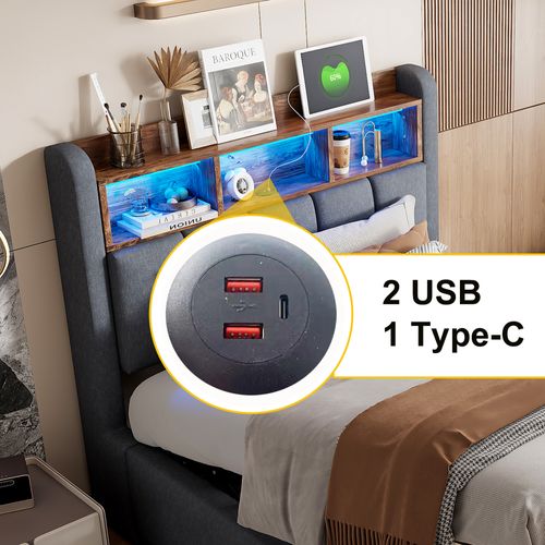 Lit Coffre Enfant 90x200cm, Tête De Lit Avec LED Et Rangement, Port USB Et Sommier, Lin, Gris