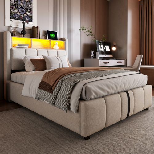 Lit Coffre Enfant 90x200cm, Tête De Lit Avec LED Et Rangement, Port USB Et Sommier, Lin, Beige