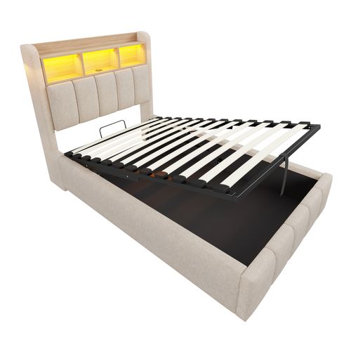 Lit Coffre Enfant 90x200cm, Tête De Lit Avec LED Et Rangement, Port USB Et Sommier, Lin, Beige